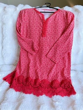 Lands' End Coral Print Crochet-Hem Tunic Sz. Medium